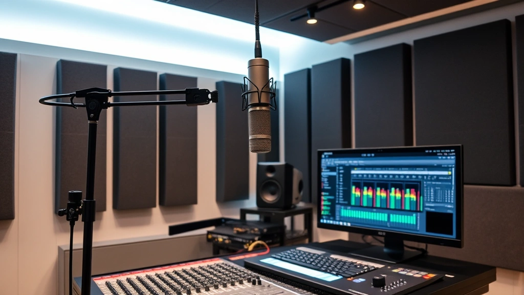 Modern recording studio with acoustic treatment panels, professional microphone on boom arm, mixing console with faders, computer displaying music production dashboard and monitoring software