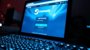 Close-up of a computer monitor displaying the Steam Community website login page with glowing blue interface elements and keyboard in foreground, photorealistic lighting