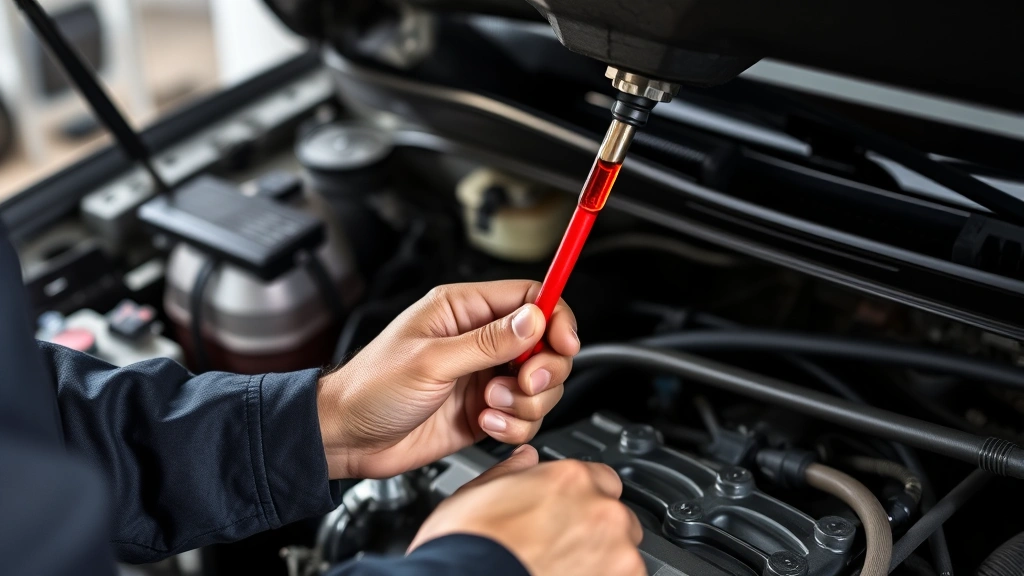 Mechanic's hands checking transmission dipstick under vehicle hood, showing clean red transmission fluid on dipstick against engine bay background
