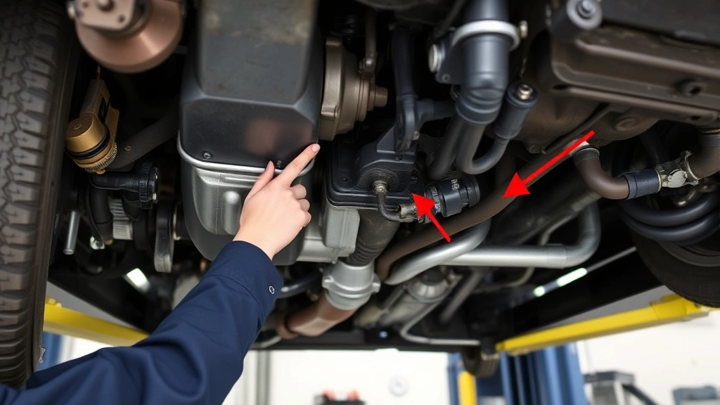 Technician pointing to transmission pan and cooler lines underneath vehicle on lift, demonstrating common leak inspection points during maintenance