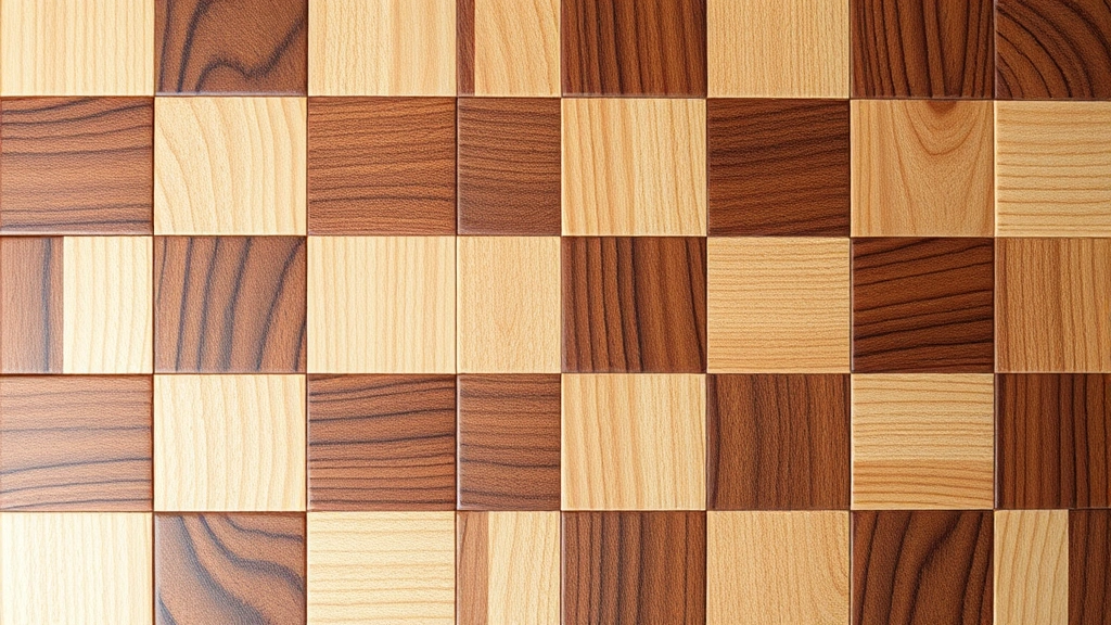 Close-up of contrasting walnut and maple wood squares arranged in perfect checkerboard pattern, showing wood grain detail and natural color variation, professional woodworking lighting