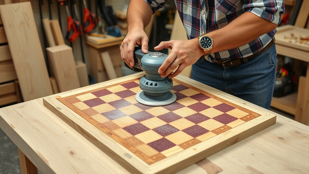 Woodworker using orbital sander on assembled chessboard surface, dust collection visible, workshop setting with clamps and woodworking tools in background