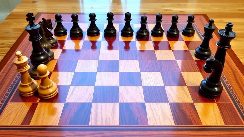 Finished chessboard with rich polyurethane finish applied, showing reflection and depth of wood colors, decorative border visible, chess pieces positioned on board ready for play