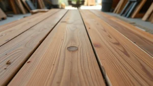 Close-up of weathered cedar wood planks with wood stain finish, natural grain visible, outdoor workshop setting with natural light