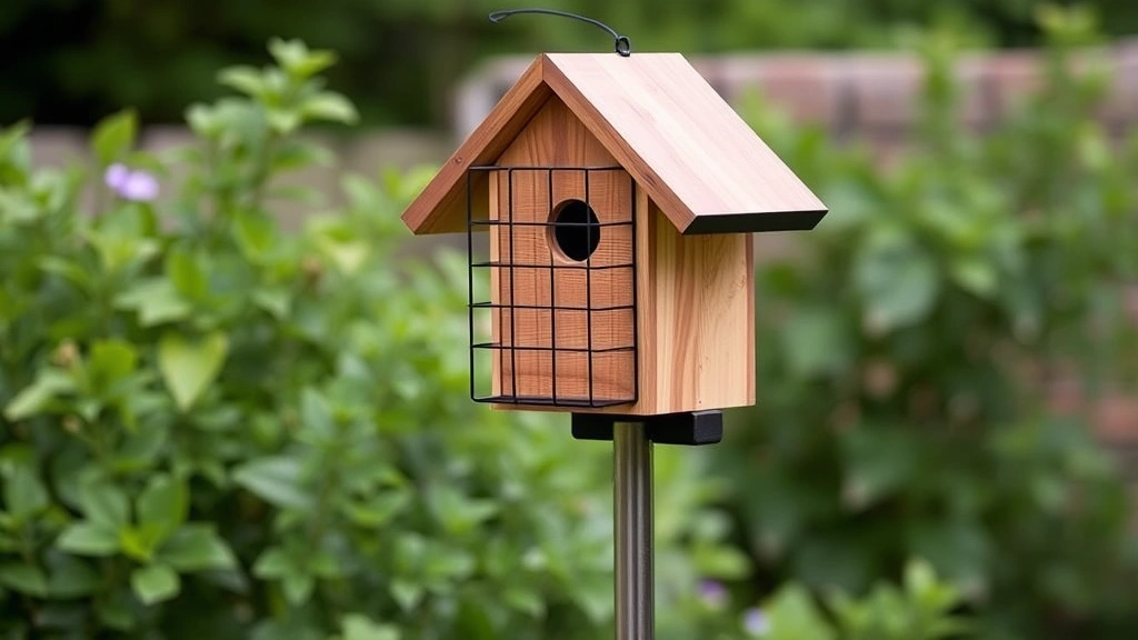 Assembled wooden birdhouse mounted on metal pole with predator guard baffle, surrounded by green foliage and blurred garden background, mounted at proper height
