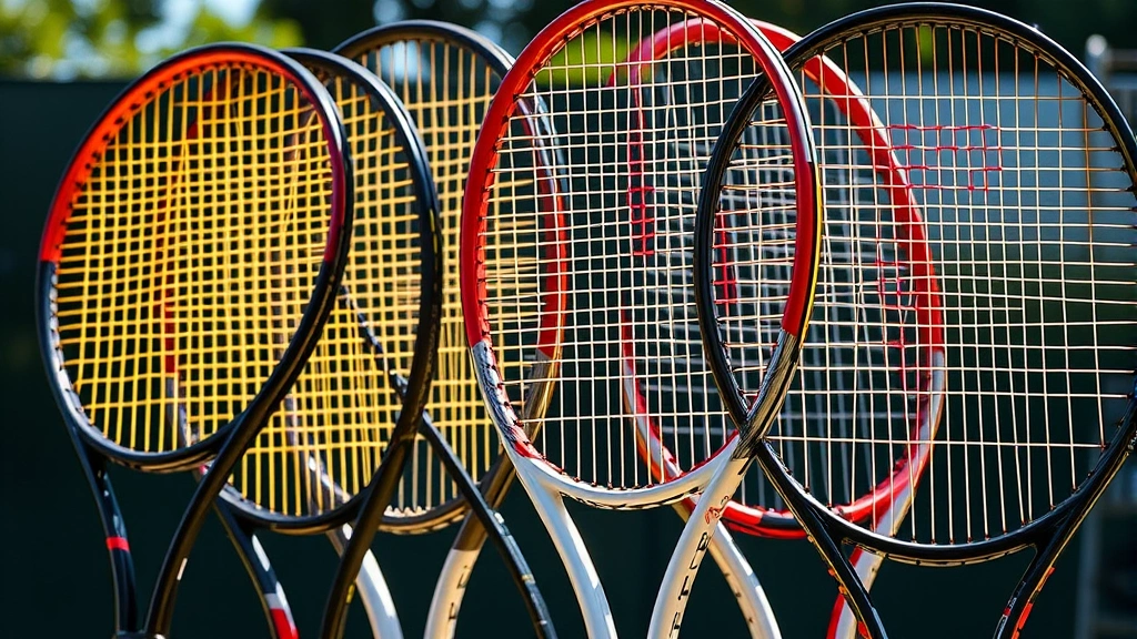 Close-up of various tennis racket frames displaying different head sizes and frame designs in natural sunlight, showing graphite composition details and string patterns clearly