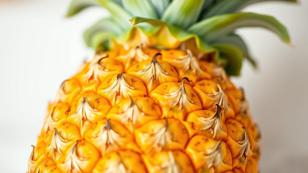 Close-up of golden-yellow ripe pineapple with visible diamond-pattern skin texture and fresh green crown leaves, photographed on light background showing natural fruit coloring and ripeness indicators