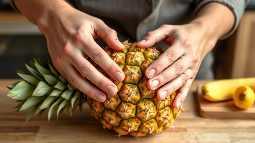 Hands gently pressing and examining whole pineapple to demonstrate proper tactile assessment technique, showing pressure point testing without aggressive squeezing on kitchen counter