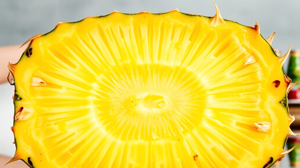 Cross-section of freshly cut pineapple showing bright yellow interior flesh and juice content, displaying proper cutting technique with crown removed and skin stripped away cleanly