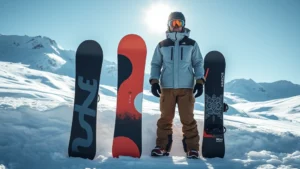 Professional snowboarder standing next to three different sized snowboards on snowy mountain slope, showing size comparison and proper stance positioning, bright daylight conditions