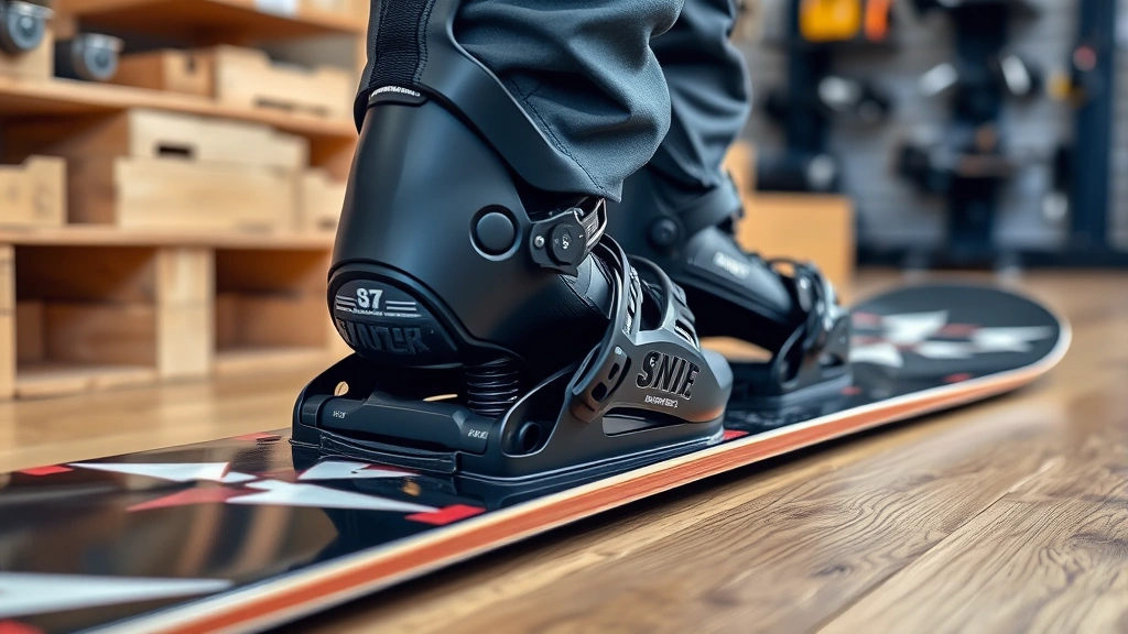 Close-up of snowboard bindings mounted on board with boots positioned at proper stance width, showing correct heel and toe overhang positioning, indoor shop setting with wooden floor