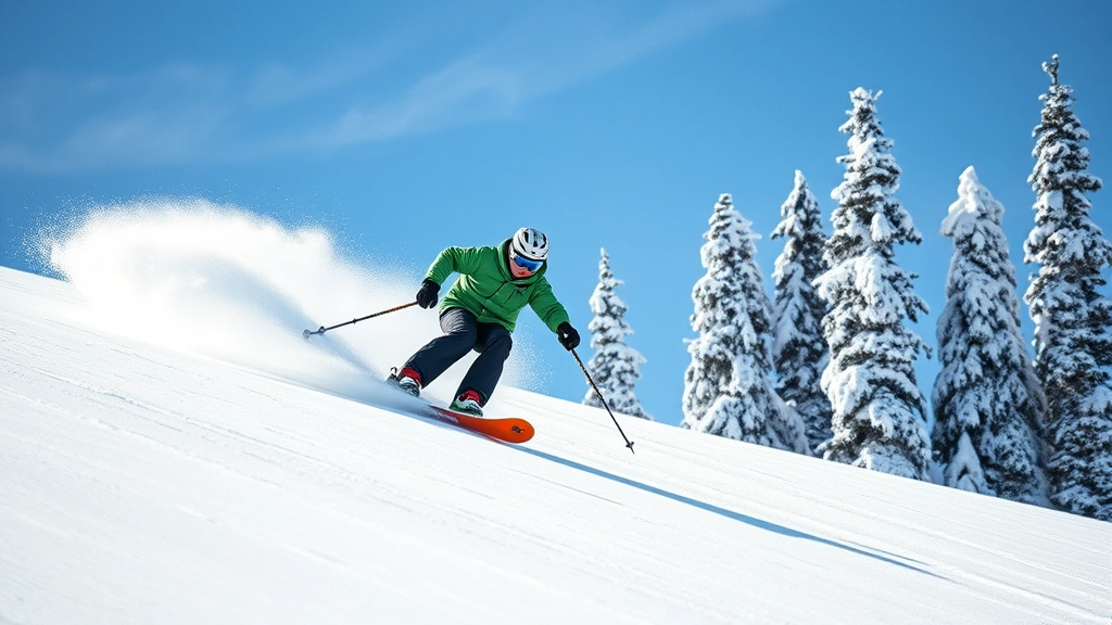 Experienced snowboarder carving on groomed run with proper technique, demonstrating board control and edge engagement on blue sky day with snow spray visible