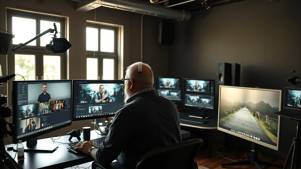 Documentary filmmaker reviewing footage on a computer monitor in a professional editing suite with multiple screens and color-grading equipment, natural lighting from windows
