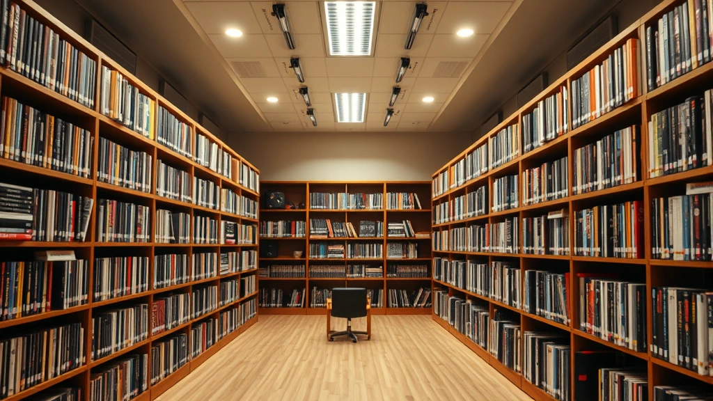 Wide shot of a modern film library or archive room with shelves of documentaries, DVDs, and digital storage systems, professional studio lighting