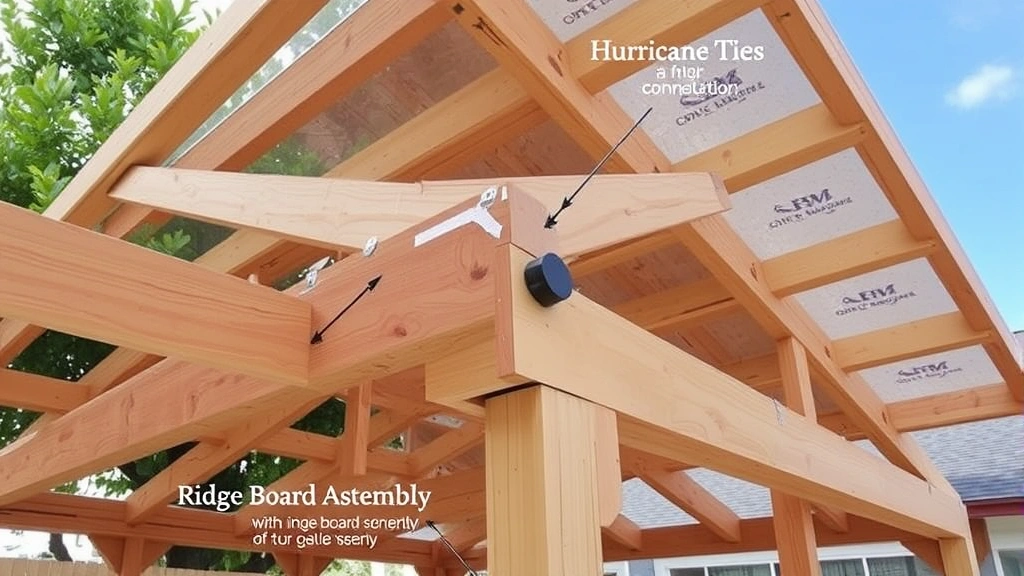 Detailed view of properly installed roof framing with rafter connections, hurricane ties, and ridge board assembly on residential shed structure