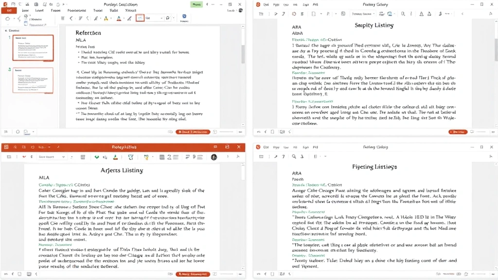 Split-screen view comparing different citation styles (MLA, APA, Chicago) displayed in PowerPoint reference slides with organized alphabetical listings and proper formatting indentation