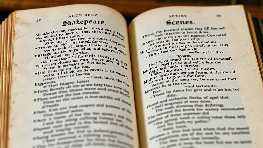 Close-up of an open Shakespeare folio book with aged pages and ornate typography, showing act and scene numbers clearly visible on the page margins, natural library lighting