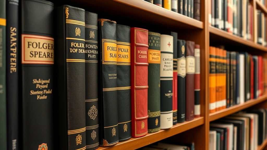 Organized bookshelf displaying multiple different editions of Shakespeare plays including Folger, Oxford, Penguin, and Norton versions standing side by side, professional library setting
