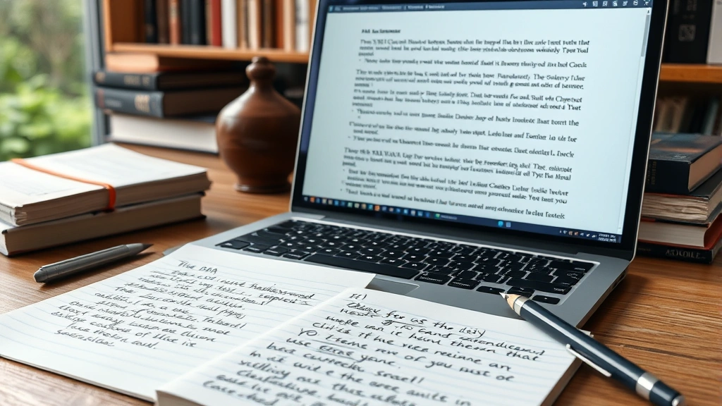 Academic workspace with laptop showing APA citation format on screen, handwritten notes about Shakespeare citations nearby, reference books stacked on desk, natural study environment
