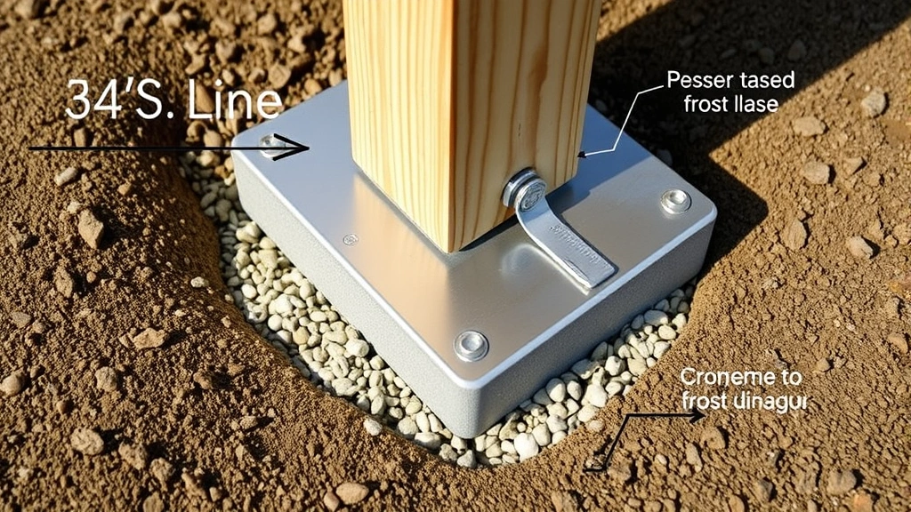 Close-up of deck post base installation showing concrete footing below frost line with proper drainage gravel, pressure-treated 4x4 post in metal base hardware, level tool verification