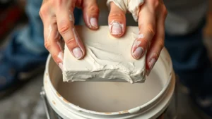 Close-up of hands holding and kneading a clay bar over a bucket of water, showing the pliable texture and preparation process for automotive paint detailing