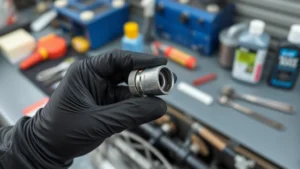 Close-up of a mechanic's gloved hands holding a small cylindrical MAF sensor component over a clean workbench with tools and cleaning supplies nearby