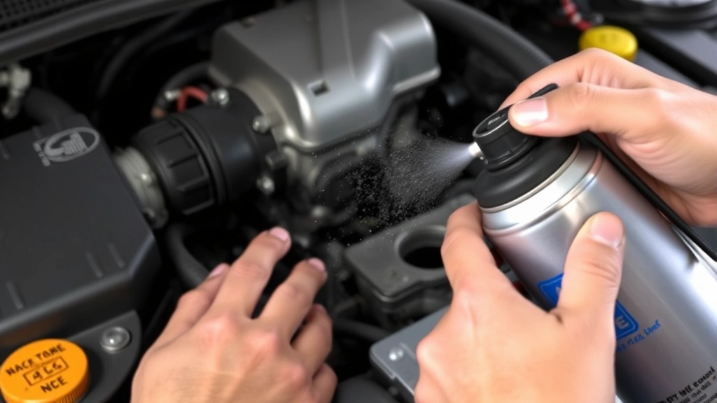 Hands using compressed air to gently blow debris away from a delicate MAF sensor element mounted on an intake tube assembly in an engine bay