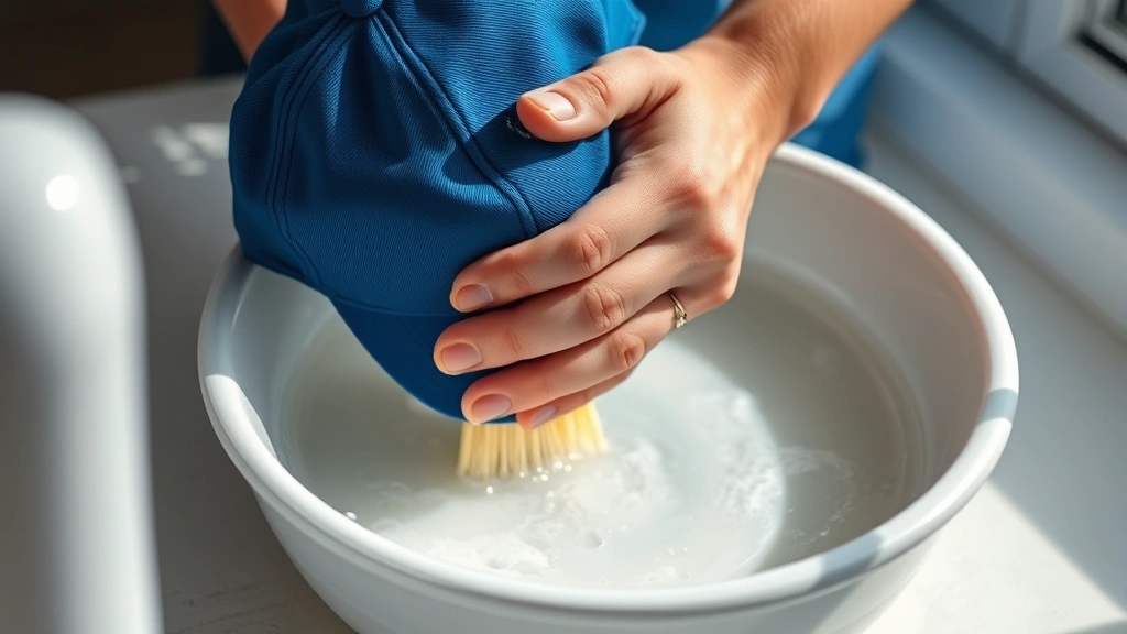 Close-up of someone gently hand washing a blue baseball cap in a white ceramic basin filled with soapy water, showing proper technique with soft brush on the bill, natural lighting from window