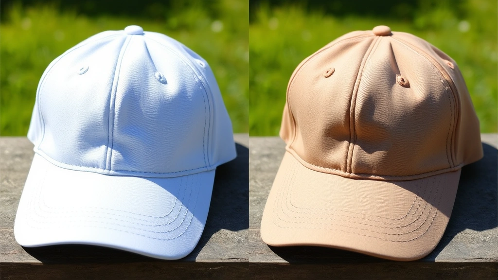 Comparison shot showing two baseball caps side by side - one freshly cleaned and bright with proper shape, one dirty and discolored, both cotton-polyester blends photographed in natural daylight