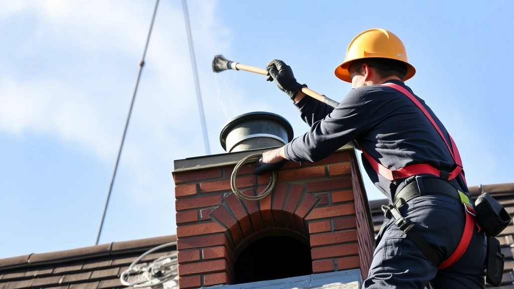 Professional chimney sweep using brush rods and extensions to clean interior flue from rooftop, safety harness visible, clear sky background, authentic construction site