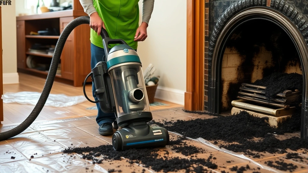 Shop vacuum collecting black soot debris from fireplace hearth area with plastic sheeting protection, HEPA filter system visible, realistic home maintenance scene
