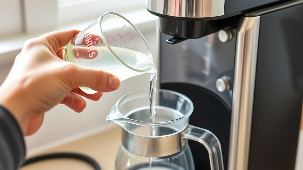 Hands pouring clear vinegar solution from glass measuring cup into coffee maker water reservoir, carafe positioned below drip basket, kitchen countertop setting with natural lighting
