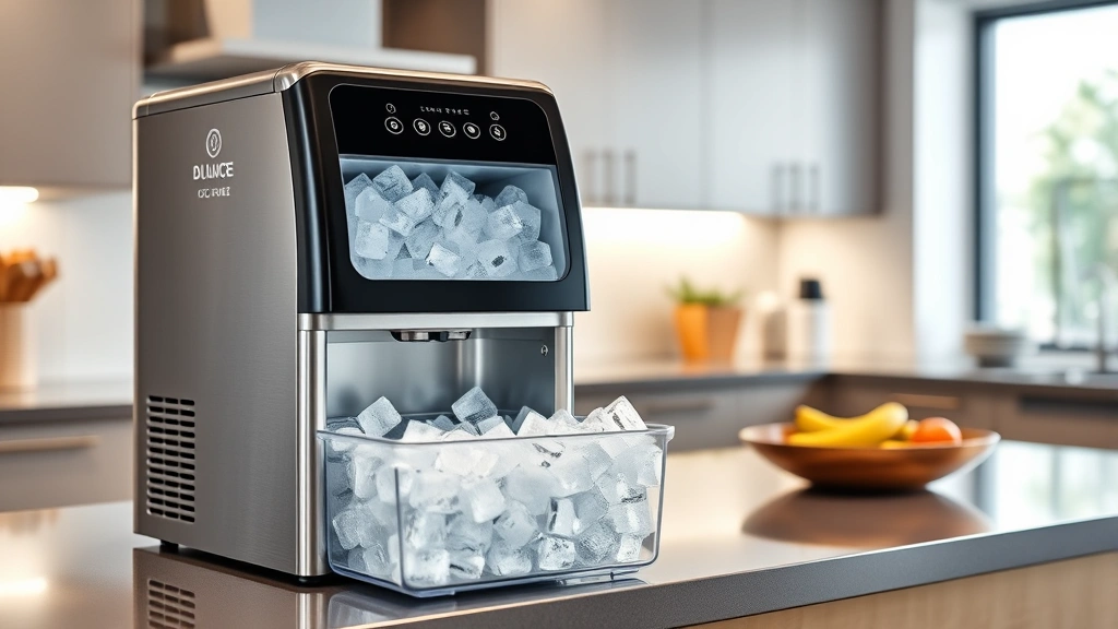 Professional countertop ice maker sitting on modern kitchen counter with stainless steel finish, dispensing fresh ice cubes into collection bin, bright kitchen lighting