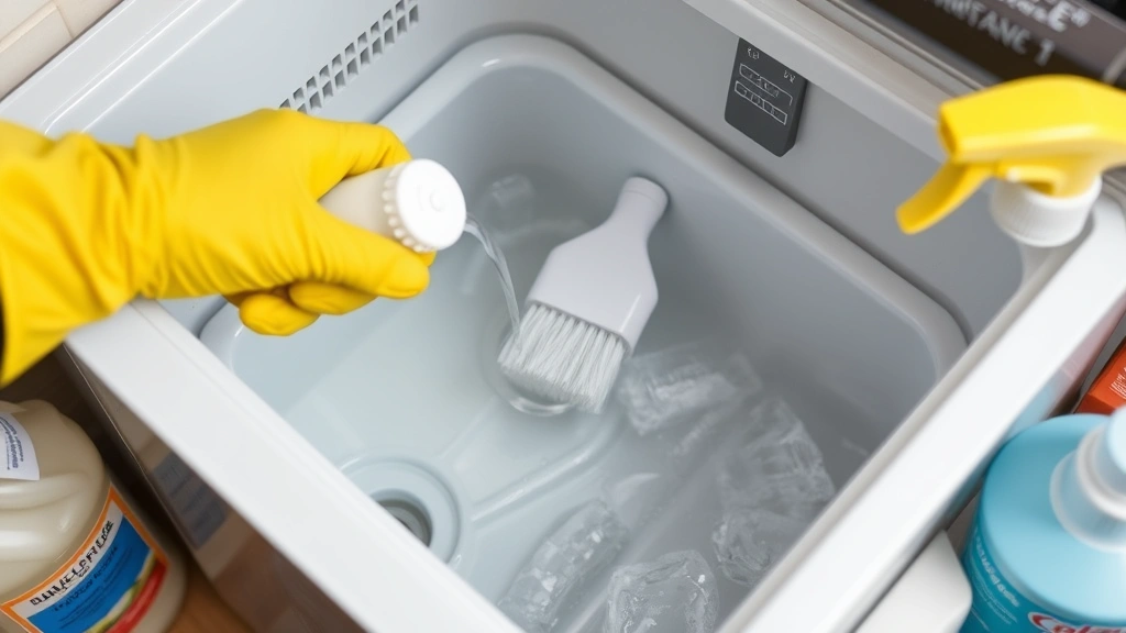 Close-up of hands wearing rubber gloves cleaning ice maker reservoir with soft brush and white vinegar solution, mineral deposits visible, organized cleaning supplies nearby