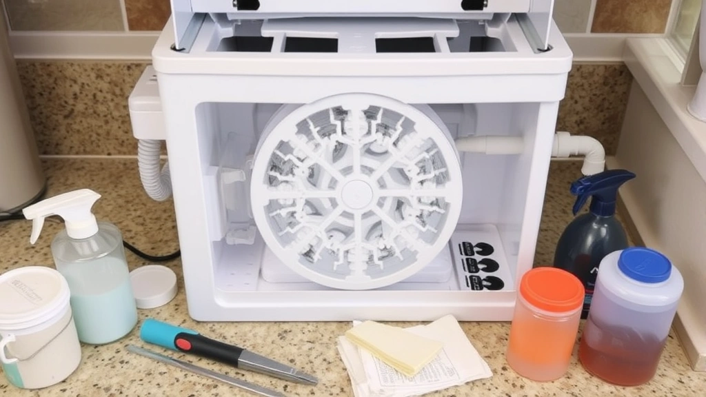Partially disassembled countertop ice maker showing internal evaporator plate and water lines with mineral scale buildup, cleaning tools and containers arranged beside it