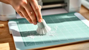 Close-up of hands gently brushing a Cricut mat with a soft-bristled brush, removing dust particles and debris from the sticky surface in natural daylight, craft workspace background