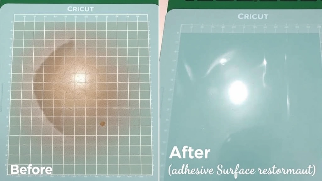 Before and after comparison showing a dirty Cricut mat with visible dust and residue on left side versus clean, glossy mat on right side, highlighting the adhesive surface restoration