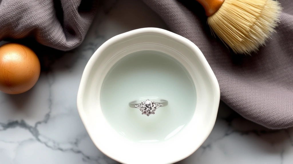 Overhead view of a diamond ring soaking in a small ceramic bowl of soapy water with a soft-bristled jewelry brush and microfiber cloth beside it on a marble surface