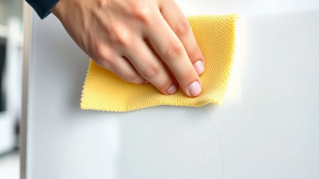 Close-up of microfiber cloth wiping white dry erase board surface with visible marker residue, professional office setting, natural lighting showing texture detail