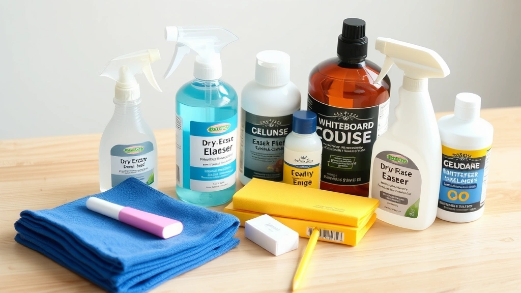Organized collection of dry erase cleaning supplies including spray bottle, quality erasers, microfiber cloths, and commercial whiteboard cleaner on wooden table