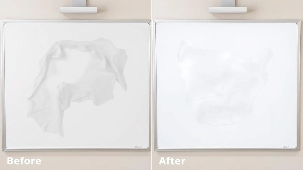 Before and after comparison image showing left side with ghosting stains on dry erase board and right side cleaned to pristine white condition