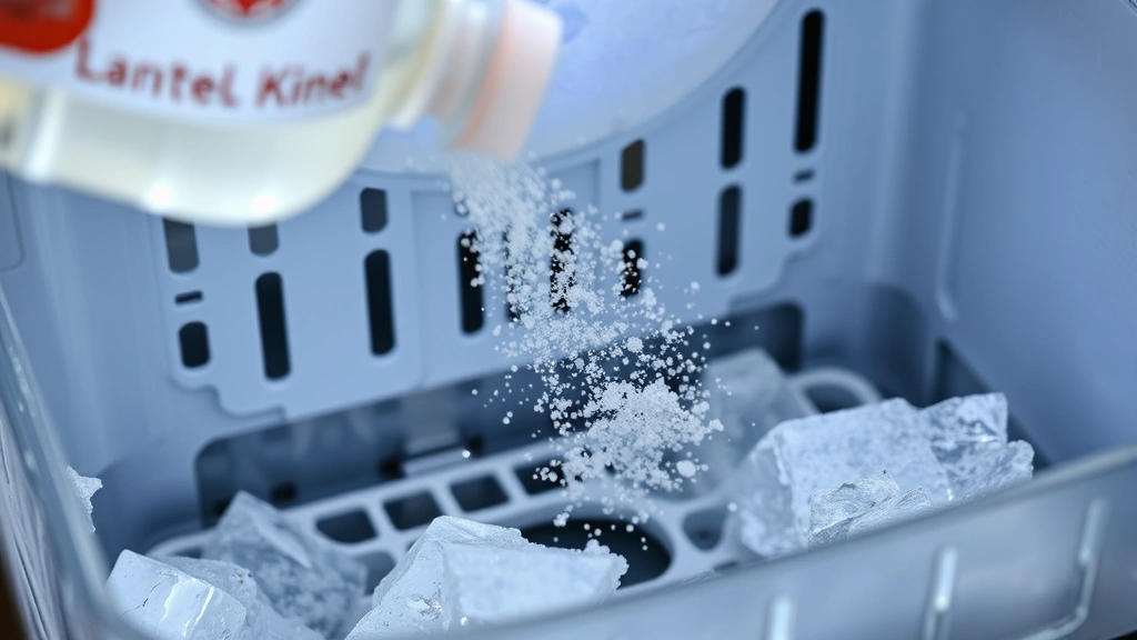 Close-up of white vinegar solution being sprayed onto mineral-encrusted ice maker interior surfaces, showing crystalline deposits on metal and plastic components, professional kitchen lighting, macro photography style
