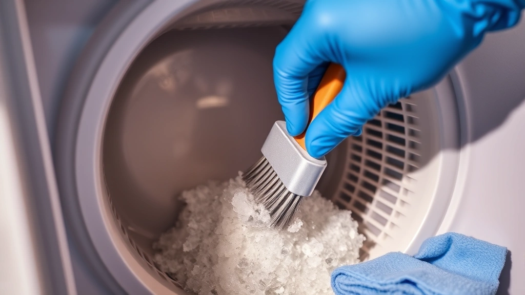 Hands wearing blue nitrile gloves using soft-bristled brush to scrub interior ice maker cavity, showing detailed mineral buildup being loosened, microfiber cloth nearby, warm task lighting illuminating the work area