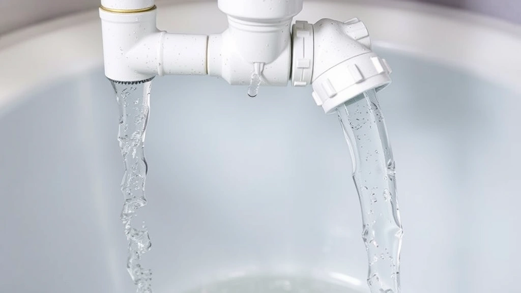 Water supply line being flushed with clear distilled water flowing into collection bucket below, showing before-and-after mineral sediment comparison in the water stream, close-up of connection fitting, professional appliance repair context