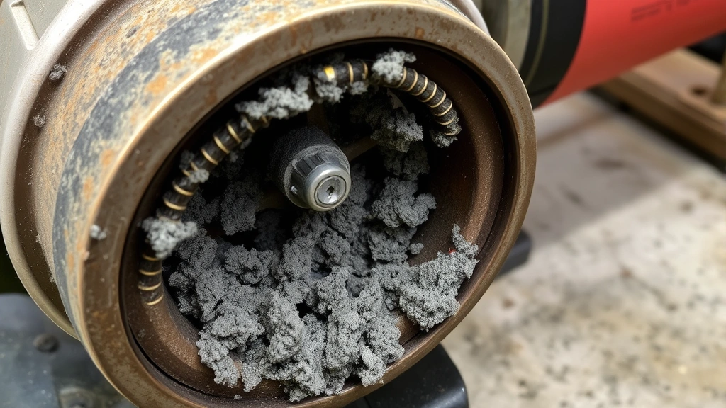 Close-up of angle grinder motor vents clogged with gray metal dust and debris, showing airflow blockage, workshop setting with concrete background