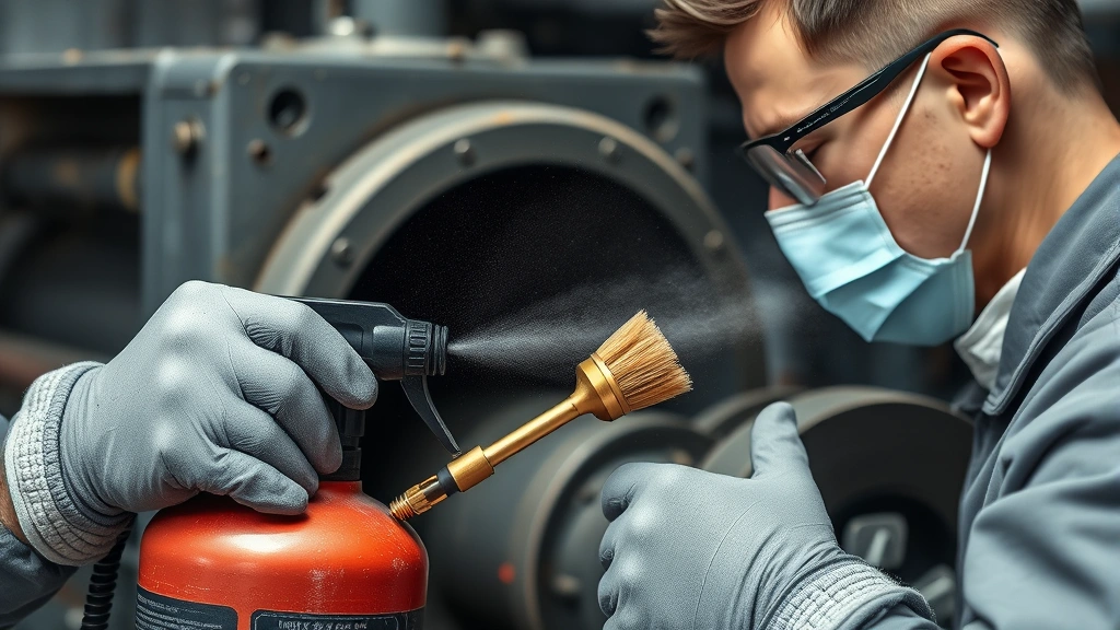 Technician using compressed air canister and soft brass brush to clean grinder vents, wearing safety glasses and work gloves, dust particles visible in air
