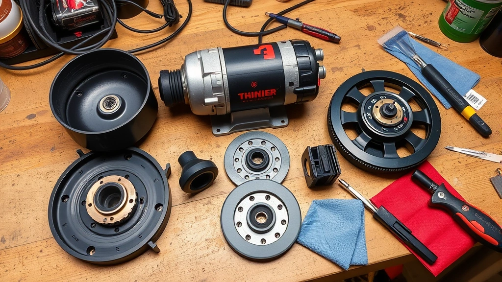 Disassembled grinder components laid out on workbench including motor housing, wheel assembly, and chuck, with cleaning tools and microfiber cloths nearby