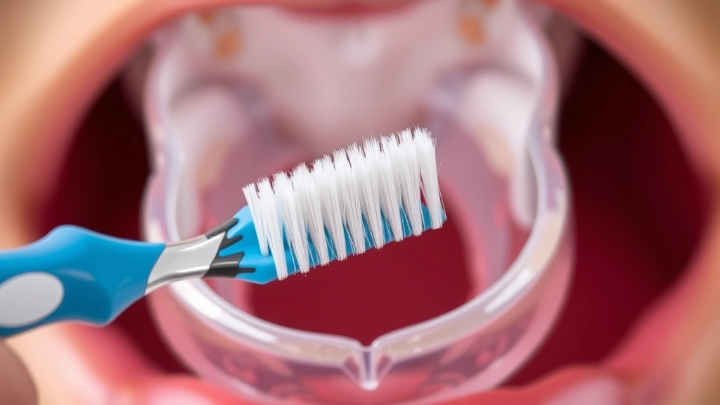 Soft-bristled toothbrush gently brushing the inner surface of a transparent mouth guard, showing proper technique and gentle angle