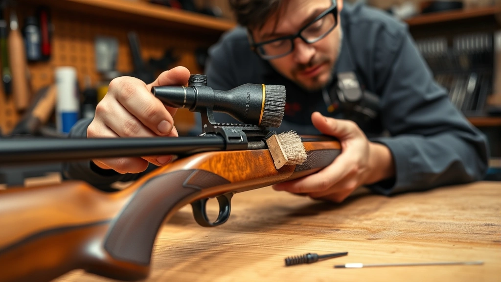 Professional gunsmith cleaning rifle barrel with specialized rod and brush at wooden workbench, proper lighting and organized cleaning supplies visible, safety glasses worn, close-up of bore cleaning technique