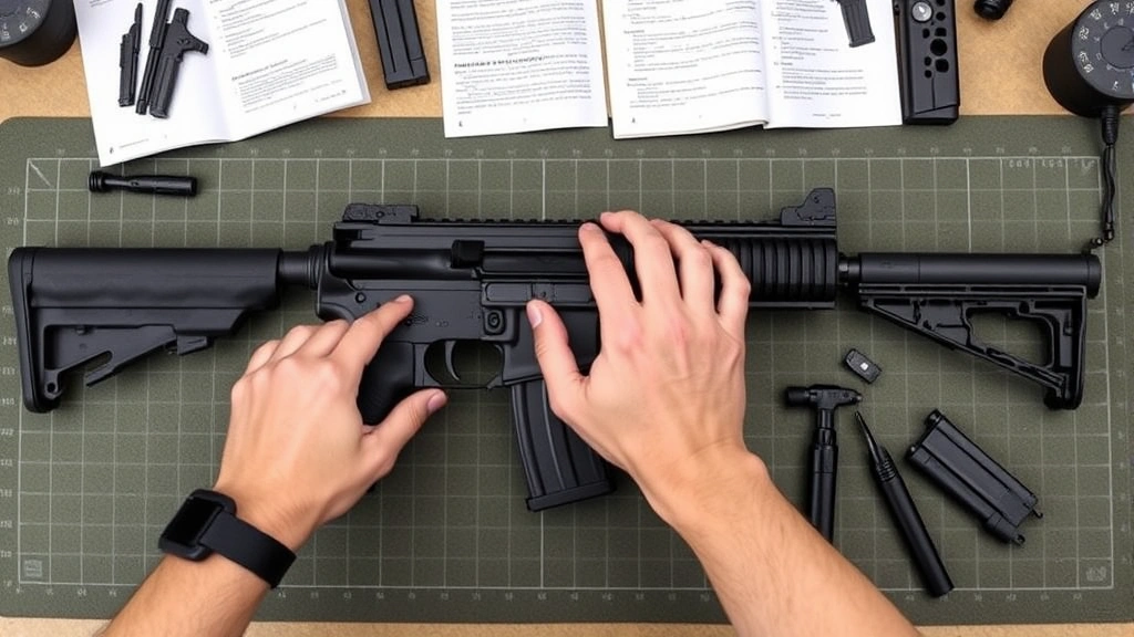 Firearm reassembly process showing proper component alignment on cleaning mat, hands positioning slide or bolt carrier correctly, manual reference visible, all parts clean and organized for assembly